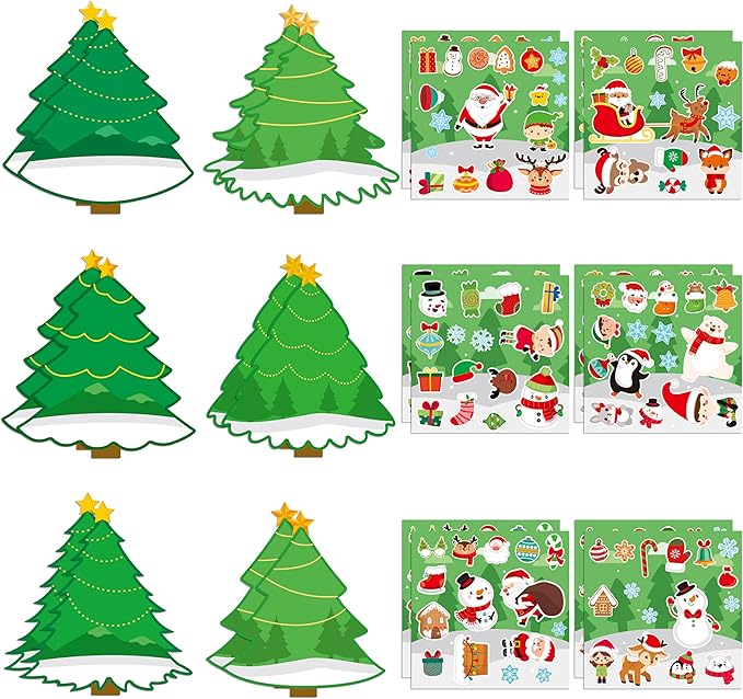CY2SIDE 12PCS Christmas Tree Scene Art Craft, Make Your Own Xmas Scene, DIY Creative Santa Claus Sticker for Kids Classroom Activities, Christmas Theme Games Party Favors