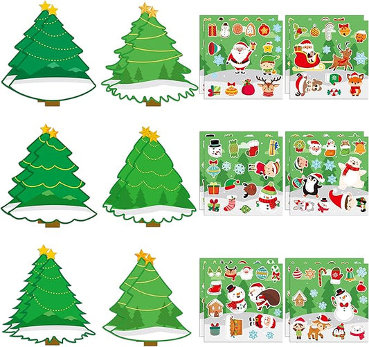CY2SIDE 12PCS Christmas Tree Scene Art Craft, Make Your Own Xmas Scene, DIY Creative Santa Claus Sticker for Kids Classroom Activities, Christmas Theme Games Party Favors