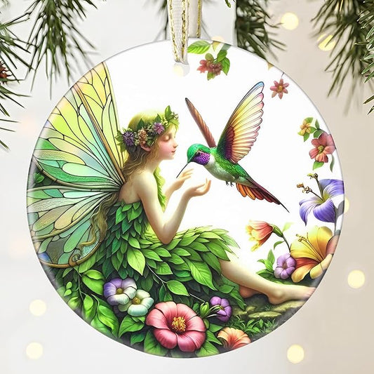 Touber Fairy & Hummingbird 3.5 Inch Ceramic Christmas Hanging Ornament for Christmas Tree Decor