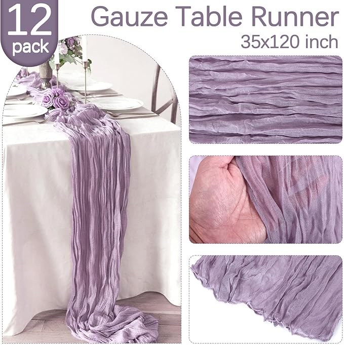 12 Pack Grape Cheesecloth Table Runner 10FT Boho Gauze Fabric Table Runner 35 x 120 Inch Rustic Sheer Runner for Centerpiece Wedding Decor Baby Shower Party Boho Table Decoration(Grape)