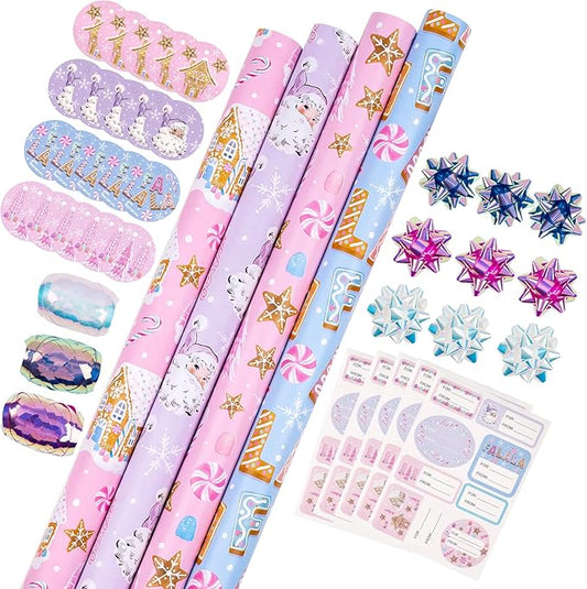 WRAPAHOLIC Christmas Wrapping Paper Set - Pastel Pink Purple Gingerbread House and Santa Wrapping Paper with Embossed Bundle with Gift Bow & Ribbon & Tag & Sticker