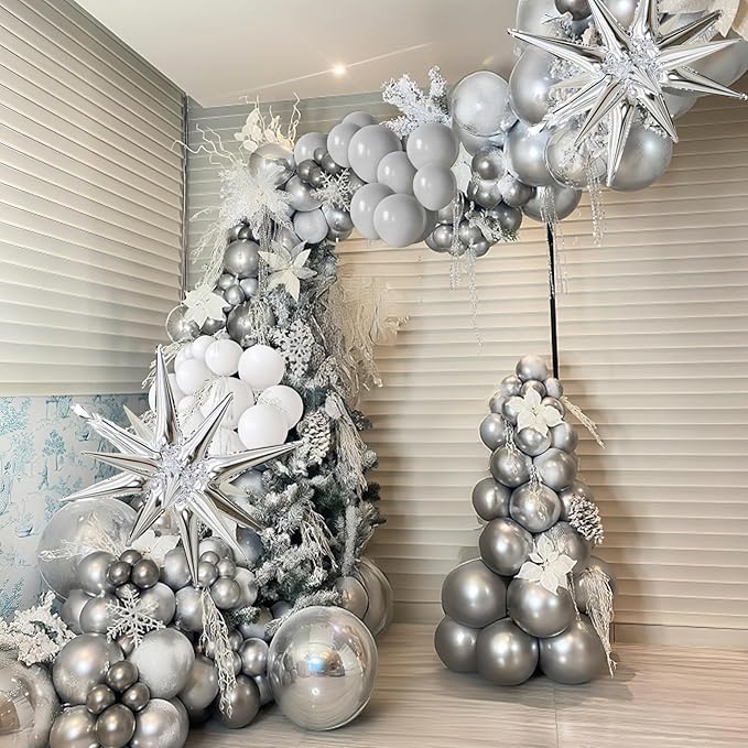 White Silver Balloons Garland Arch Kit, 113pcs White Grey Clear Balloons, Confetti Silver Explosion Star 4D Foil Balloons for Winter Wonderland Holiday Christmas Birthday Ice Snow Party Decorations