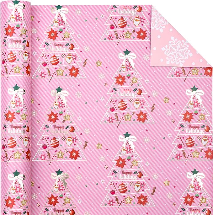 WRAPAHOLIC Reversible Pink Christmas Wrapping Paper - Mini Roll - 17 Inch x 33 Feet - Pink Christmas Tree Wrapping Paper and Snowflake Design for Holiday, Party Celebration