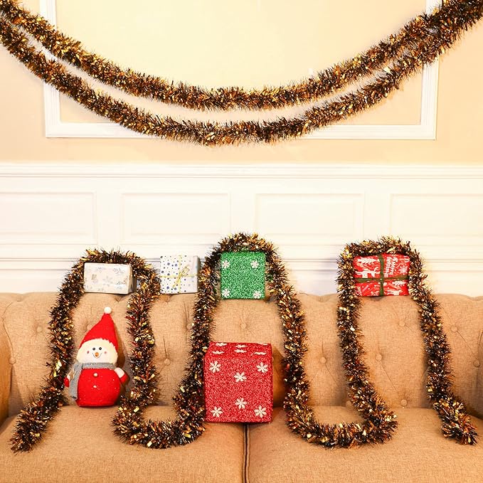 Dilunave 40 Feet Christmas Tinsel Garland Metallic Foil Twist Tinsel Garland Decoration for Christmas Tree, Wedding, Birthday and Party Hanging Decorations(Black, Gold)