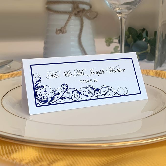 Scribble Vintage Swirl Printable Place Cards, Navy (Choose Color), Set of 150 (25 Sheets), Laser & Inkjet Printers - Wedding, Party, Dinner, and Special Events - Made in the USA