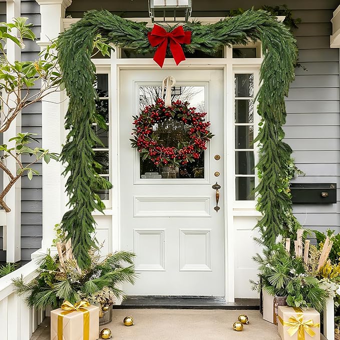 2 Pack Christmas Garland, Real Touch Artificial Norfolk Pine Garland - Realistic PE Greenery for Mantle, Fireplace, Stairs, Indoor Outdoor Holiday Decor (Christmas Garland 9FT)