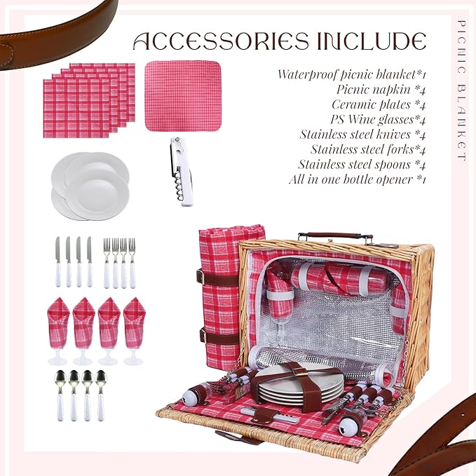 Picnic Baskets Wicker Willow Picnic Set for 4 Persons with Insulated Cooler Bag and Waterproof Picnic Blanket