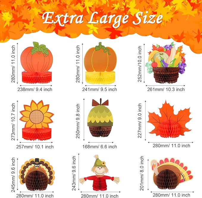 9 Pack Large Fall Thanksgiving Turkey Honeycomb Centerpiece 11 Inches Thanksgiving Party Decorations Different Style Turkey Paper Decorations Table Honeycomb