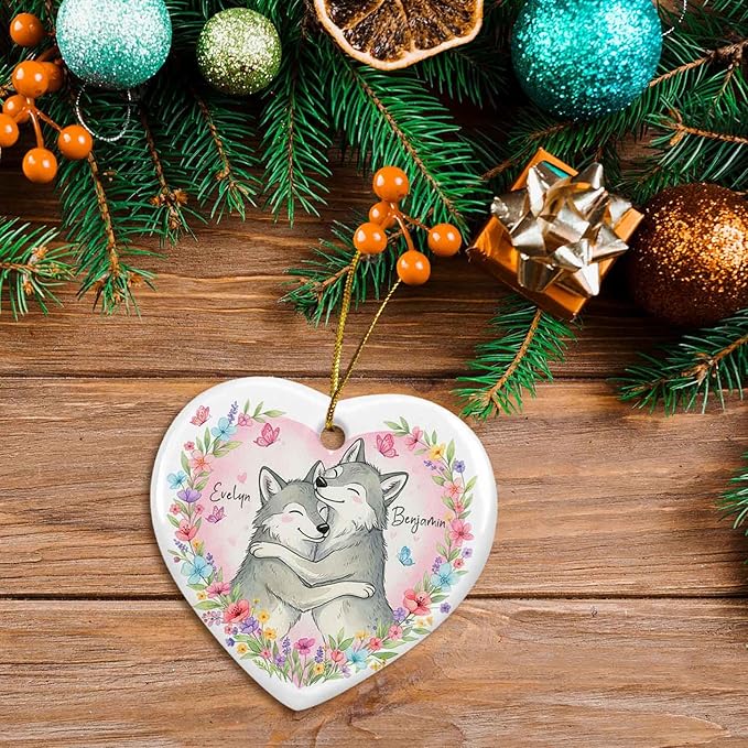Custom Couple Wolf Wedding Ceramic Ornament, Couples Wolf Together Ornament Christmas 2025, Heart Floral Animal Decoration, Gift for Him Her, Personalized Names Mr & Mrs Wolves Ornaments Xmas