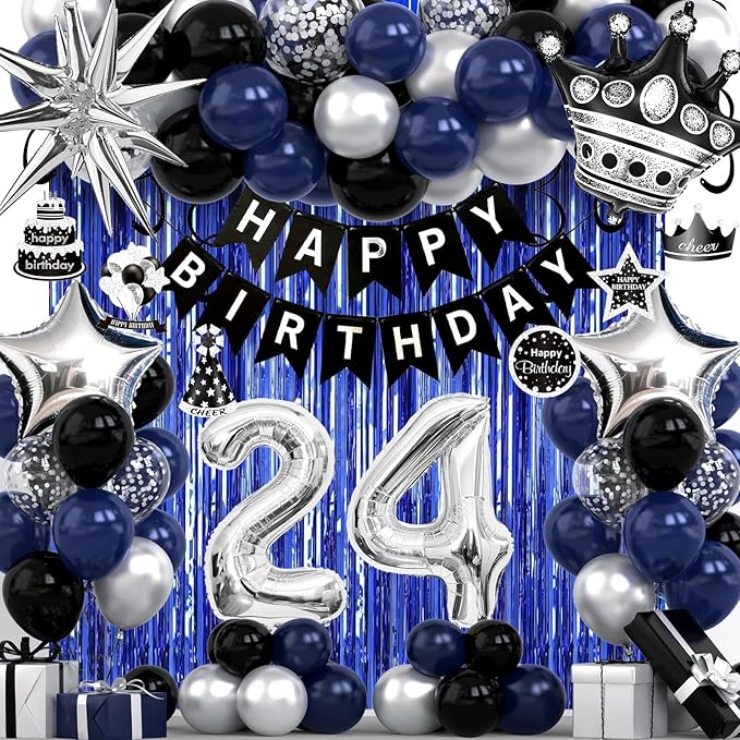 24th Birthday Decorations for Men and Women, Black Blue Silver Happy Birthday Number 24 Balloons, Banner, Fringe Curtains Garland Kit - 24 Year Old Party Supplies