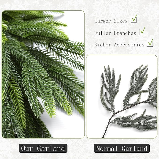 Fovths 6 Ft Christmas Garlands with Lights and Bells Real Touch Norfork Pine Garland Artificial Greenery Garlands for Christmas Mantle, Table Indoor Outdoor Decorations, Green