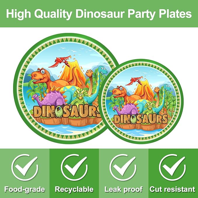 96 PCS Dinosaur Party Supplies - Birthday Tableware Set With Plates, Napkins, Forks for 24 Guests - Dino Themed Decorations