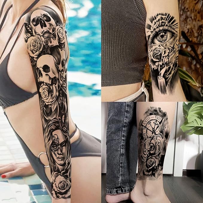 20 Sheets Black Lion Leopard Full Arm Temporary Tattoos For Men Adults Thigh, Floral Forest Wolf Skull Skeleton Eagle Maori Turtle Totem Fake Sleeve Tattoos For Women, Halloween Tattoo Stickers Flower