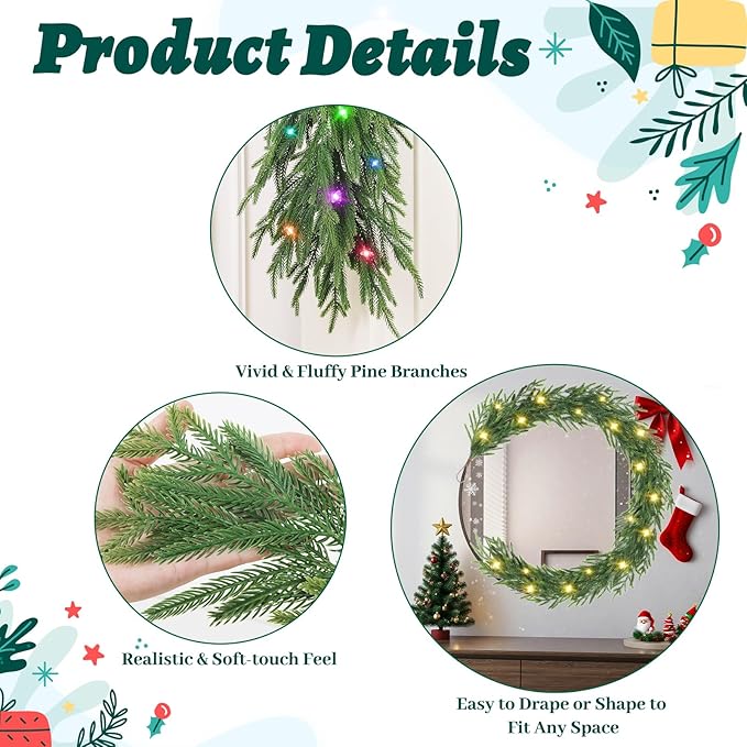 2 Pcs Prelit Christmas Norfolk Pine Garland with Lights, 6FT Battery Operated Real Touch Artificial Green Garlands for Table, Mantle, Stairs, Fireplace, Indoor & Outdoor Xmas Decorations