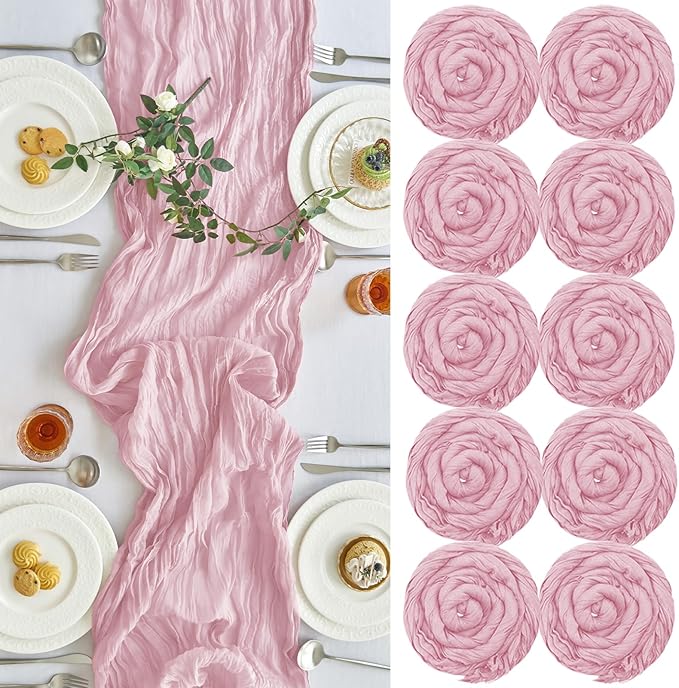 IVAPUPU 10 Pcs Cheesecloth Table Runner - 10ft Pink Boho Gauze Cheese Cloth Table Runners for Baby Shower Decoration Wedding Party Summer Garden Farmhouse