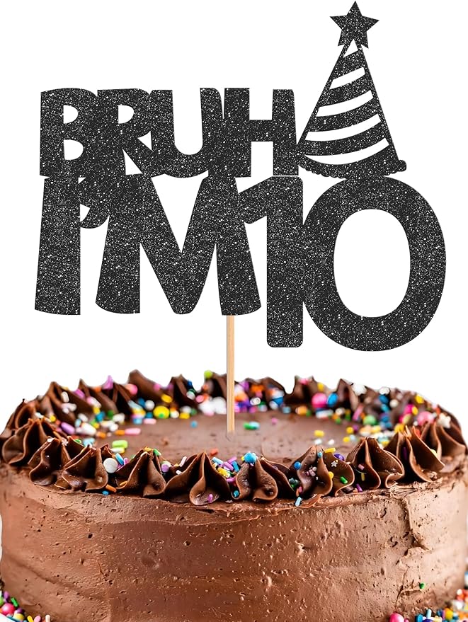 Bruh I’m 10 Cake Topper - Glitter Black 10th Birthday Cake Decorations, 10 Years Old Birthday Cake Smash Decor (10)