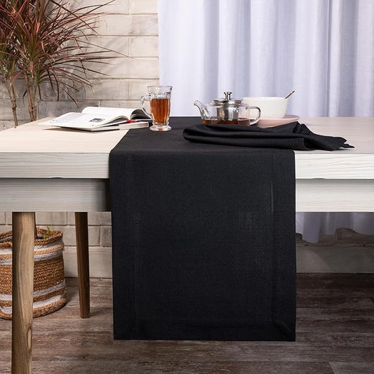 D'Moksha Homes Black Table Runner 14 x 72 Inch - Faux Linen Table Runner 72 Inches Long - Wrinkle Resistant, Machine Washable for Fall, Thanksgiving, Holiday - 100% Recycled Fabric