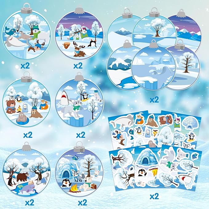 CY2SIDE 12 Set Winter Polar Animal Sticker Scene for Kids Make A Winter Scene with Polar Animals Make Your Own Snowy Bear Sticker Craft DIY Art Crafts for Kids Holiday Class