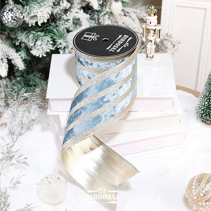Dusty Blue Velvet Wired Ribbon with Champagne Glitter Stripe 4 Inch Extra Wide Crushed Velvet Christmas Ribbon, 10 Yards for Gift Wrapping, Crafts, Tree Decorations, Wreaths, Garlands