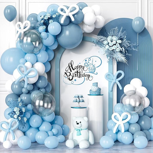Dusty Blue Balloons Arch Kit 138 Pcs Light Blue and White Balloon Arch Garland Bow Party Balloons for Baby Shower Gender Reveal Wedding Birthday Decorations Boy Gender Reveal