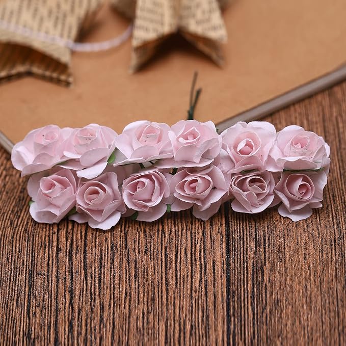 144pcs Mulberry Paper Mini Roses Artificial Flowers Heads with Stems for DIY Crafts Accessories Make Bridal Hair Clips Headbands Dress Wedding Bridal Bouquets Party Home Decor Valentine's (Light pink)