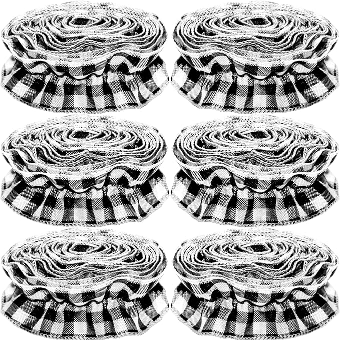 Jishi Christmas Tree Ribbon Garland Buffalo Plaid Christmas Decorations, 9 Ft X 6 Rolls Black & White Buffalo Check Fabric Xmas Tree Ribbon Garland, Vintage Country Rustic Farmhouse Holiday Home Decor