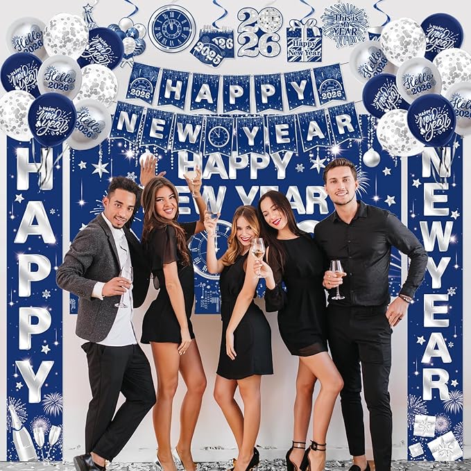 New Years Decorations 2026,Happy New Years Eve Party Supplies Blue and Silver Nye Party Decorations With Backdrop Door Banner Hanging Swirls Honeycomb Balloon