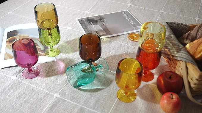 8-Piece Colorful Plastic Stackable Drinking Cup Set - 8.5 oz Wine Goblets, Reusable, BPA-Free, Dishwasher Safe