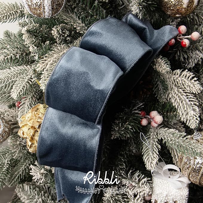 Ribbli Dusty Blue Velvet Wired Ribbon 4 Inch Velvet with Satin Christmas Ribbon for Gift Wrapping Christmas Tree Decoration Crafts Wreaths Supplies-Continuous 10 Yards