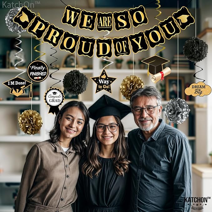 KatchOn, Black and Gold Graduation Party Decorations 2025 - Pack of 34 | We Are So Proud of You Banner | Grad Hanging Swirls with Pomp Poms for 2025 Grad | Graduation Decorations 2025