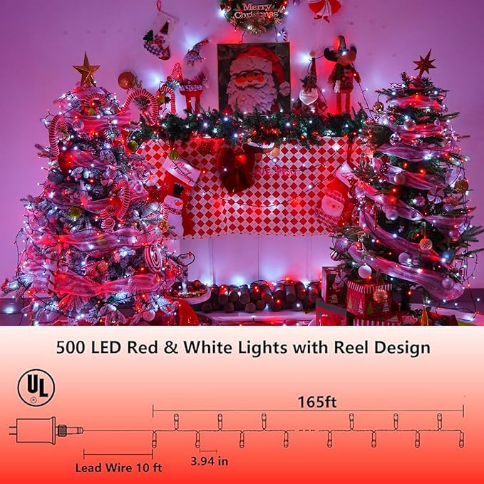 YEGUO 165ft 500 LED Christmas Lights Indoor, Red and White String Light Outdoor Waterproof, 8 Modes Green Wire Plug in with Timer Memory
