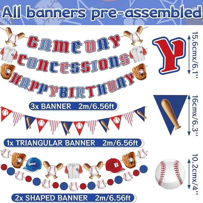 Pre-Strung Baseball Party Decorations with Concessions and game day Banners, Happy Birthday Baseball Party Supplies, Sports Themed Birthday Decorations with Baseball Triangle Bunting Pennant Flag