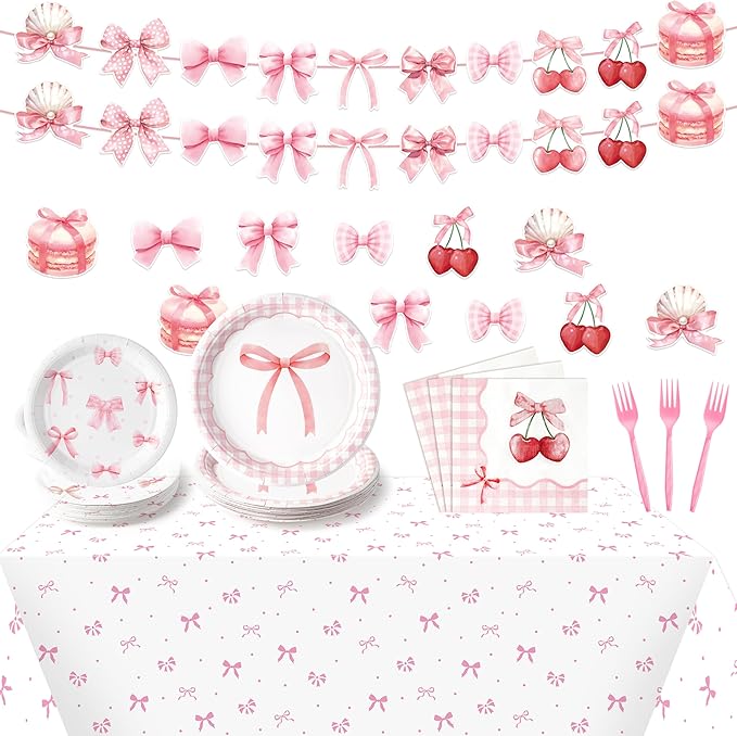 Coquette Pink Bow Party Decorations - Serves 24 - 112Pcs Bowknot Party Supplies, Disposable Plates Napkins Forks Tablecloth Banner Card, for Bachelorette Bridal Engagement Wedding Birthday