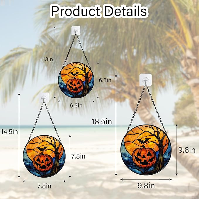 Stained Glass Window Hanging, Pumpkin Bat Moon Tree Suncatcher for Doors Home Sun Catchers Decoration and Christmas, Mother's Day Birthday Gifts for Women, Men, and Mom 7.8 in