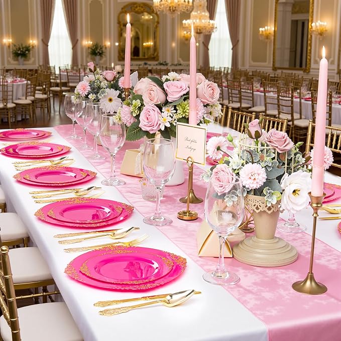 125PCS Hot Pink Plastic Plates - Pink Disposable Plate - Elegant Party Plates with Gold Plastic Silverware Sets for 25 Guests for Party & Birthday & Baby Shower