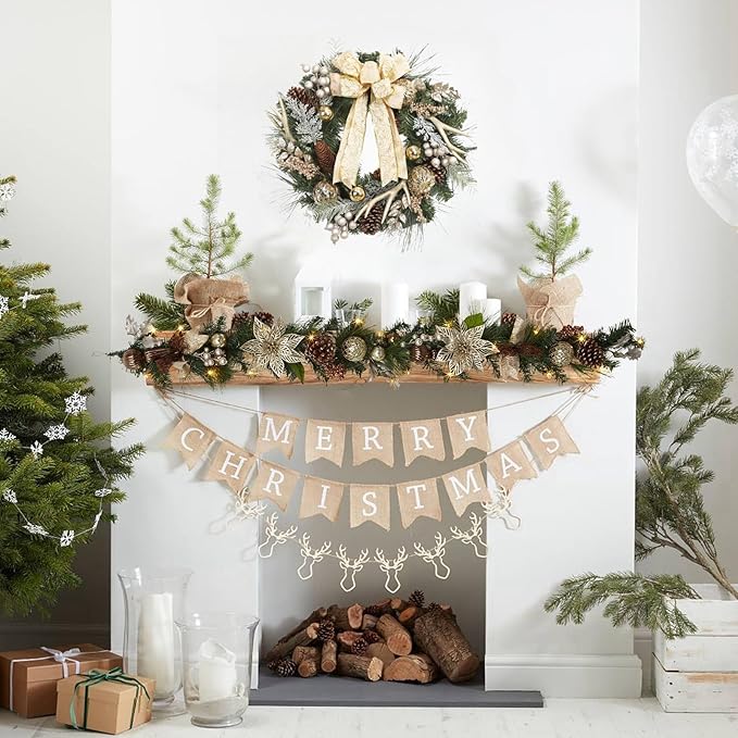 GarveeHome Christmas Garland with Lights for Mantle, 6 ft Pre-Lit Xmas Garland with Brown Ball Ornaments Pine Cones and Ribbon Bows for Fireplace Front Door Window Indoor Outdoor Christmas Decoration