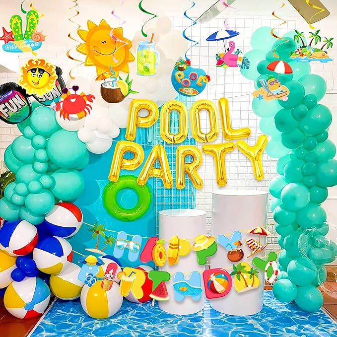 Summer Pool Beach Party Decoration, Pool Party Birthday Bash Party Decorations Tropical Balloons Banner for Kids Swimming Water Luau Tropical Hawaii Party Decoration Supplies