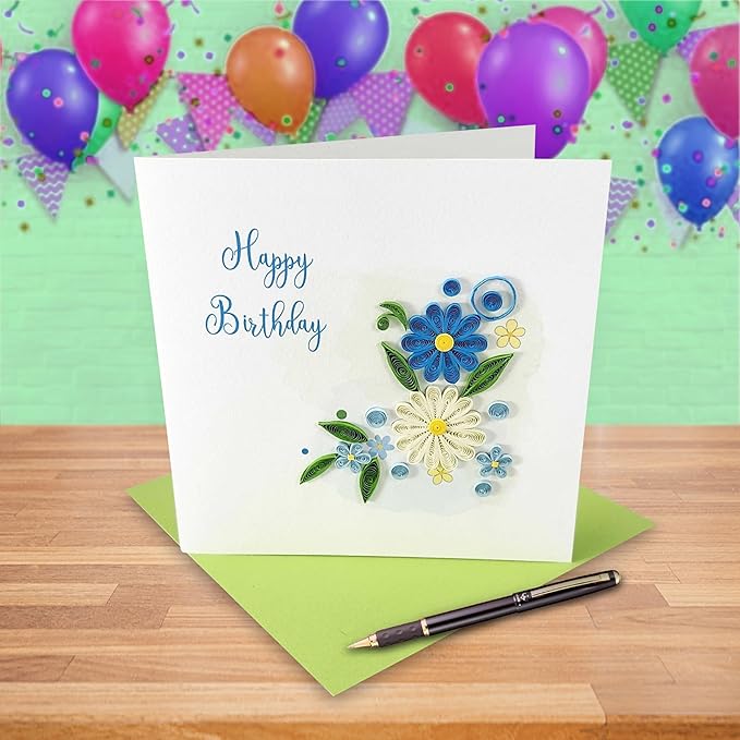 Quilled Birthday Card - Happy Birthday Quilled Floral Greeting Cards for Women -Blank Inside Quilling Cards for Woman- 6x6 Handmade 3D Paper Art Design with Luxury Green Envelope (Floral)