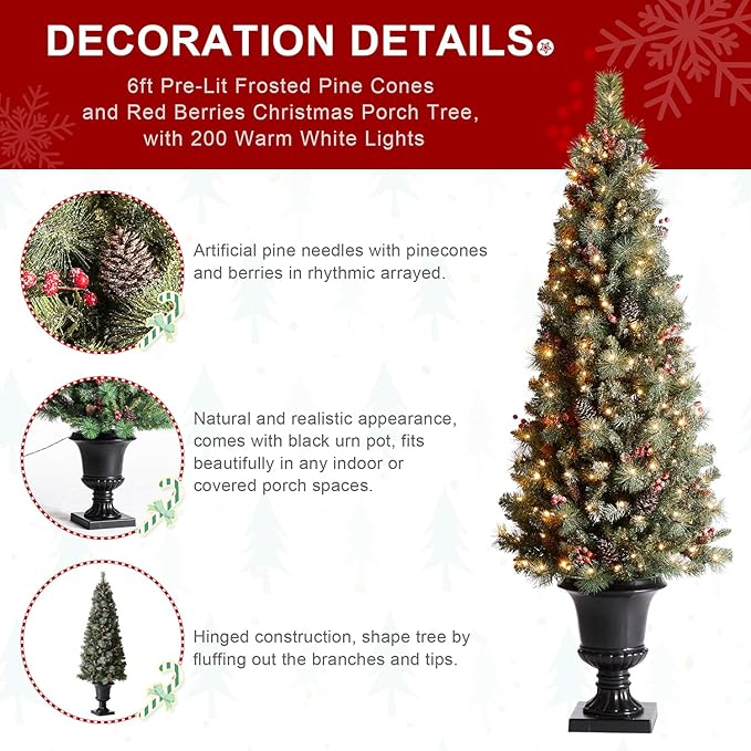 Glitzhome 6 FT Pre-Lit Artificial Christmas Tree, Lighted Entrance Tree Frosted Pine Cones and Berries Christmas Porch Tree with 200 Warm White Lights for Front Door Porch Entryway Holiday Home Decor