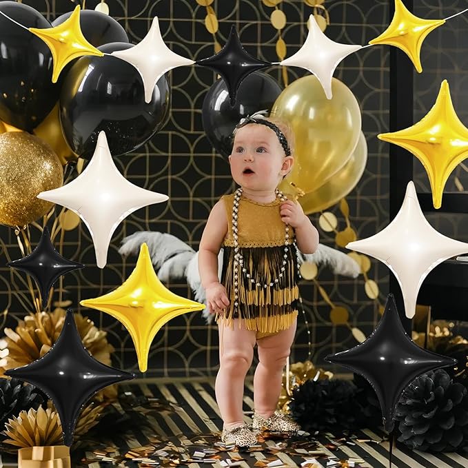 Black White Gold Star Balloons,12Pcs Four Angle Star Foil Balloons,26Inch and 10Inch Black Cream White Quadrangle Helium Balloon for Birthday Baby Shower Anniversary Party Decorations
