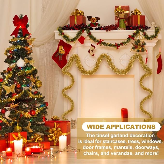 25 Feet Champagne Gold Christmas Tinsel Garland, Metallic Foil Twist Banner Wall Hanging Tinsel Streamers Backdrop for Parade Floats, Christmas, Mother's Day, Birthday Party Decorations(4in x 25ft)