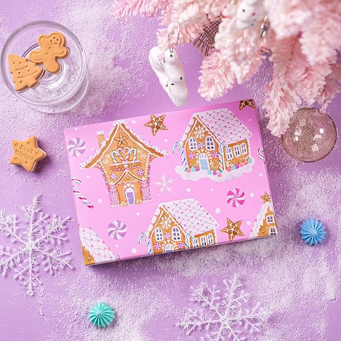 WRAPAHOLIC 30 Inch Jumbo Reversible Gingerbread Christmas Wrapping Paper - 30 Inch x 33 Feet - Pink Gingerbread House and Snowflake with Embossed for Christmas, Holiday, Party Celebration
