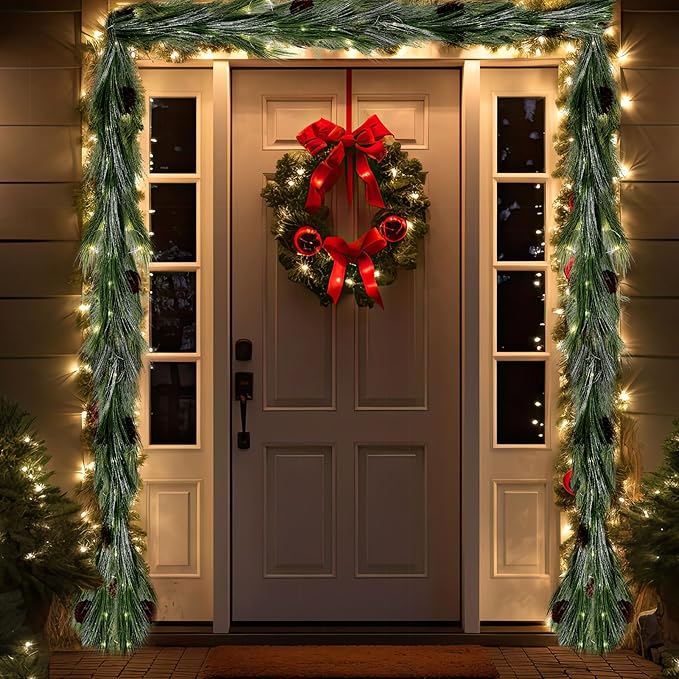 Jutom 9 ft Pre-lit Christmas Snowy Norfolk Pine Garlands White Frosted Real Touch Cedar Garland Artificial Long Needle Garland with Pine Cone Light for Xmas Mantle Table Stair Indoor Outdoor Decor