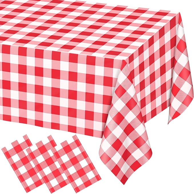 WNINK 3 Pack Red Gingham Tablecloth Rectangular Red and White Checkered Tablecloths Disposable Plastic Red Plaid Table Cover for Parties, Christmas, Outdoor Picnic, Birthday, Wedding, Camping 54 × 108