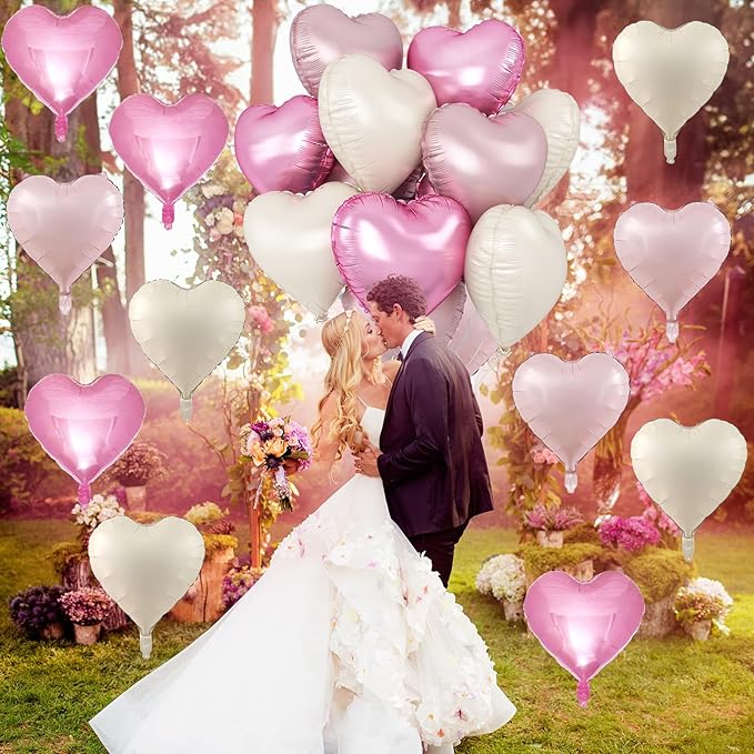 Pink White Heart Balloons, 12PCS Baby Pink Cream Heart Foil Balloons, Pastel Pink Light Pink White Heart Shaped Mylar Balloons for Girls Women Birthday Baby Shower Wedding Valentine's Party Decoration