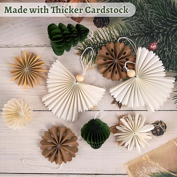9 Pcs Mini Paper Christmas Hanging Ornaments, Handcrafted with Carstock, White, Sage Green and Brown Decorative Paper Christmas Tree Ornament, for Xmas Holiday Party Home Tree Decor