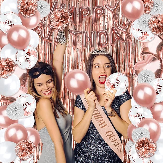 285 Pcs Rose Gold Party Decorations, Birthday Decorations For Women Or Girl - Knives, Forks and Spoons, Tiara, Butterfly, Sash, Paper Pom Poms, Balloon Stand, Tableware For 25 Guests