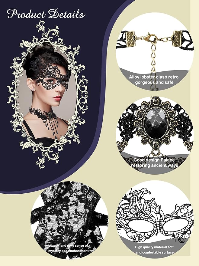 Newcotte 6 Pcs Masquerade Mask for Women Lace Mask Choker Necklace Glove for Christmas Halloween Venetian Party 80s 90s