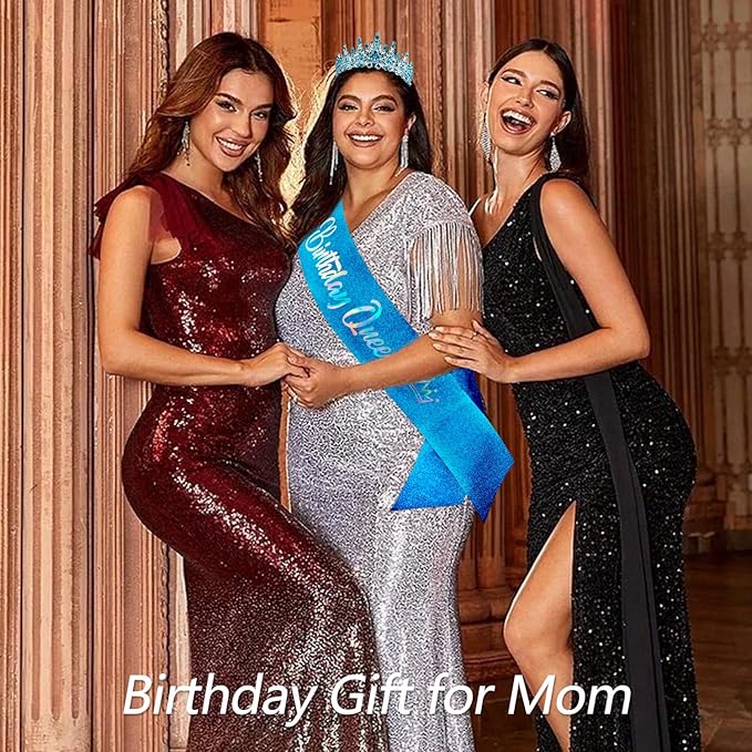 VELSCRUN Birthday Queen Tiara Crowns for Women Girls Blue Crystal Birthday Queen Headband Sash Elegant Princess Crown Happy Birth Party Decorations Mom Sisters Birth Gift Hair Accessories
