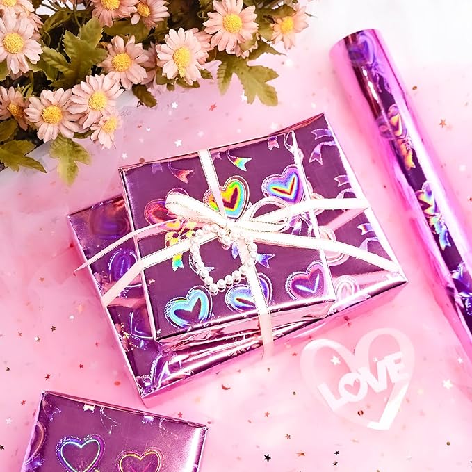 Yarcony Pink Heart Wrapping Paper, Mini Roll, Holographic Hearts Gift Wrap, Love Iridescent Hearts Wrapping Paper for Valentine's Day, Girl Birthday Party, Anniversary,Wedding (17 Inch X 33 Feet)